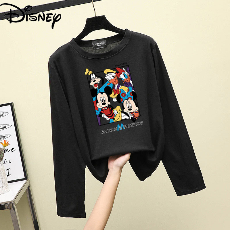 Демисезонная модная новинка 2021, свободная повседневная женская футболка с длинными рукавами и принтом Микки Мауса из мультфильма Disney