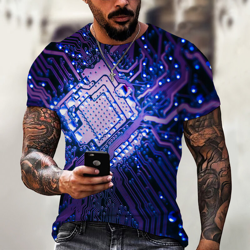 Chip de circuito 3d ptint t camisa dos homens estilo eletrônico verão roupas masculinas rua hip hop oversize manga curta brasil masculino