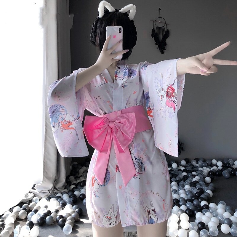 Для женщин Эротическое белье сексуальное японское кимоно любовь кроличье кимоно Банный халат, ночная рубашка, соблазнительная униформа,
