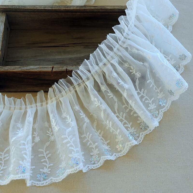 17cm Wide White Mesh Embroidered Crumpled Sequins Lace Fabric DIY Wedding Dress Costumes Ladies Children's Clothing Skirt Trim