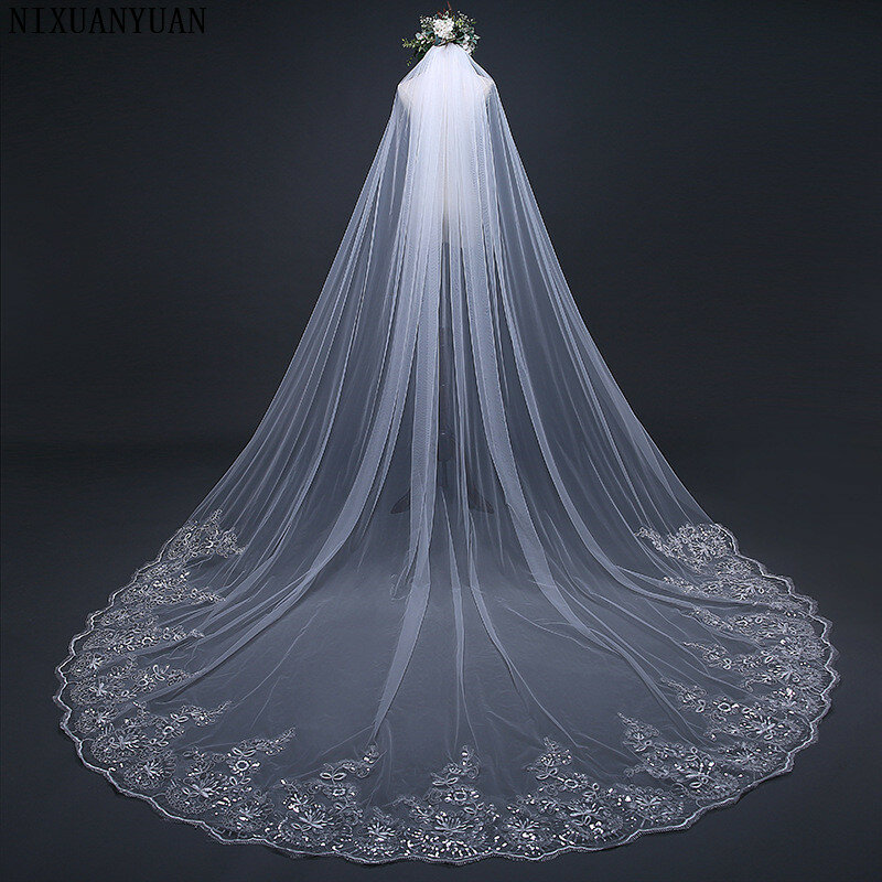 NIXUANYUAN Real 2023 Voile 300CM veil One Layer Lace Edge Ivory White Cathedral Wedding Veil Long Bridal Veil Veu de Noi longo