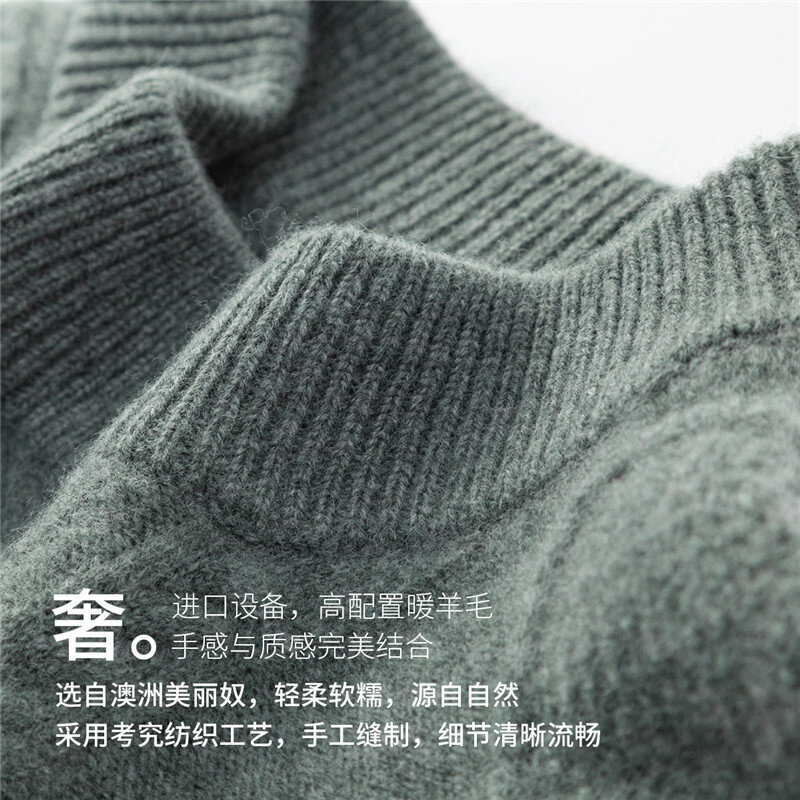 Pria Sweter Semi Leher Tinggi Pria 100 Wol Murni Musim Gugur dan Musim Dingin Menebal Ayah Paruh Baya dan Tua Musim Dingin
