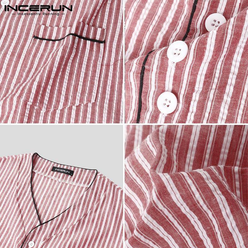 الترفيه مخطط Homewear رجل القطن ملابس خاصة الصيف قصيرة الأكمام الخامس الرقبة ثوب النوم تنفس ليلة اللباس قمصان INCERUN S-5XL