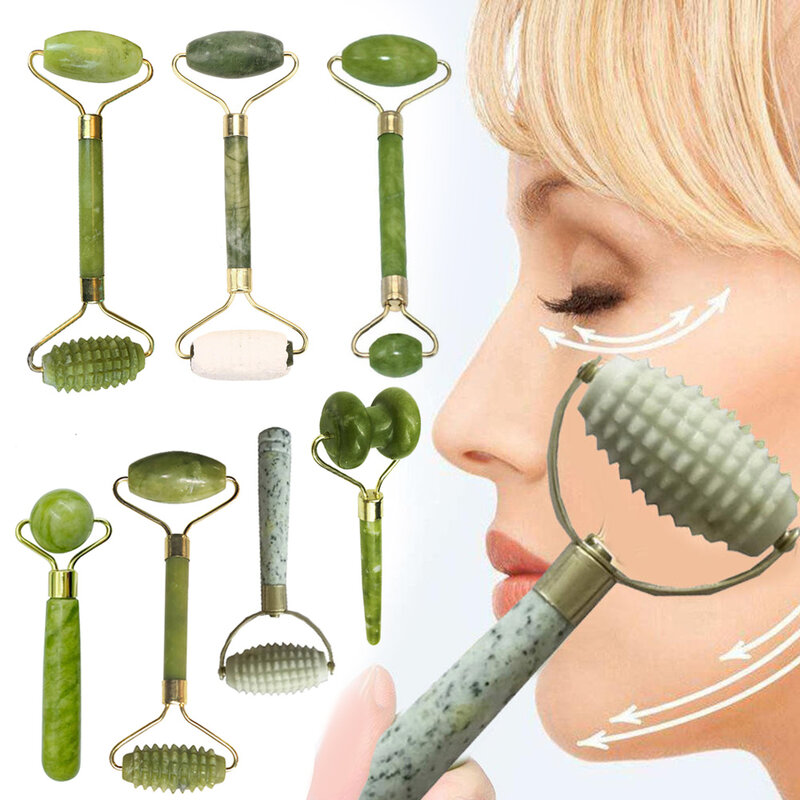 Anti envejecimiento Natural Jade rodillo cara masaje Gua Sha herramienta terapia Facial rodillo con doble cuello adelgazamiento masajeador