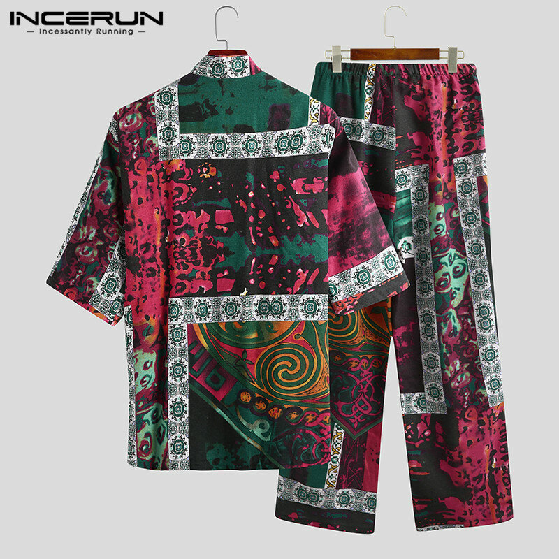 Męskie piżamy zestawy Kimono drukowane bawełniane pół rękawa V sznurowany dekolt bielizna nocna spodnie japoński wypoczynek mężczyźni bielizna nocna garnitur INCERUN