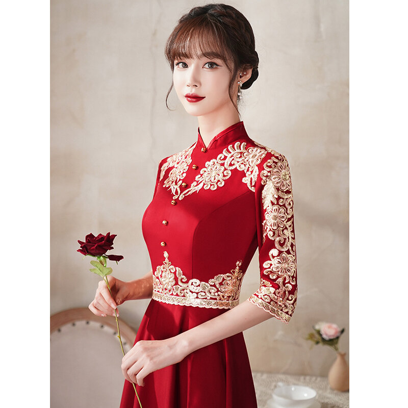 Chinese Retro Summer Wine-Red Long Cheongsam Wedding/Engagement  Dress(With Embroidery) Stand Up Collar-Middle Sleeves