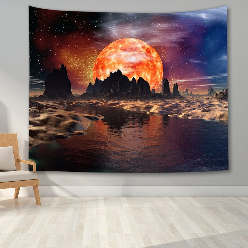 Beauty Planet Moon Night Landscape Tapestry Wall Hanging Printed Home Decoration Tapestry Bedroom Tapestry Living Room Tapestry