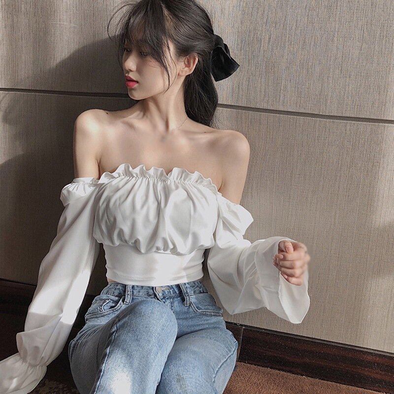Efinny estilo coreano alças cruzadas sexy emagrecimento bolha camisa de mangas compridas branco um tamanho topos