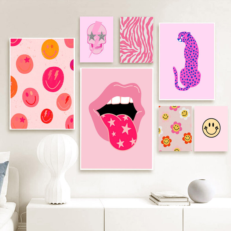 Roze Luipaard Cheetah Muur Home Decor Preppy Bed Room Art Print Poster Moderne Glimlach Lippen Ogen Canvas Schilderij Dorm Muur foto 'S