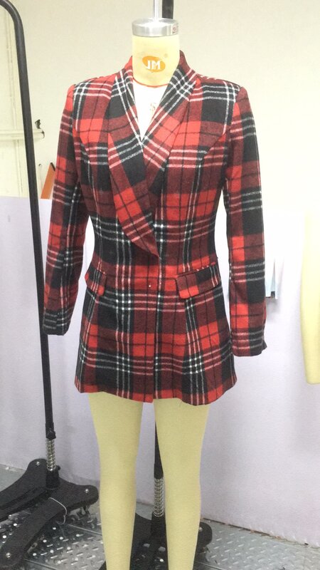 Primavera outono feminino officewear ol turn-down collar tweed manga longa xadrez padrão colorblock abotoado casaco de blazer longline