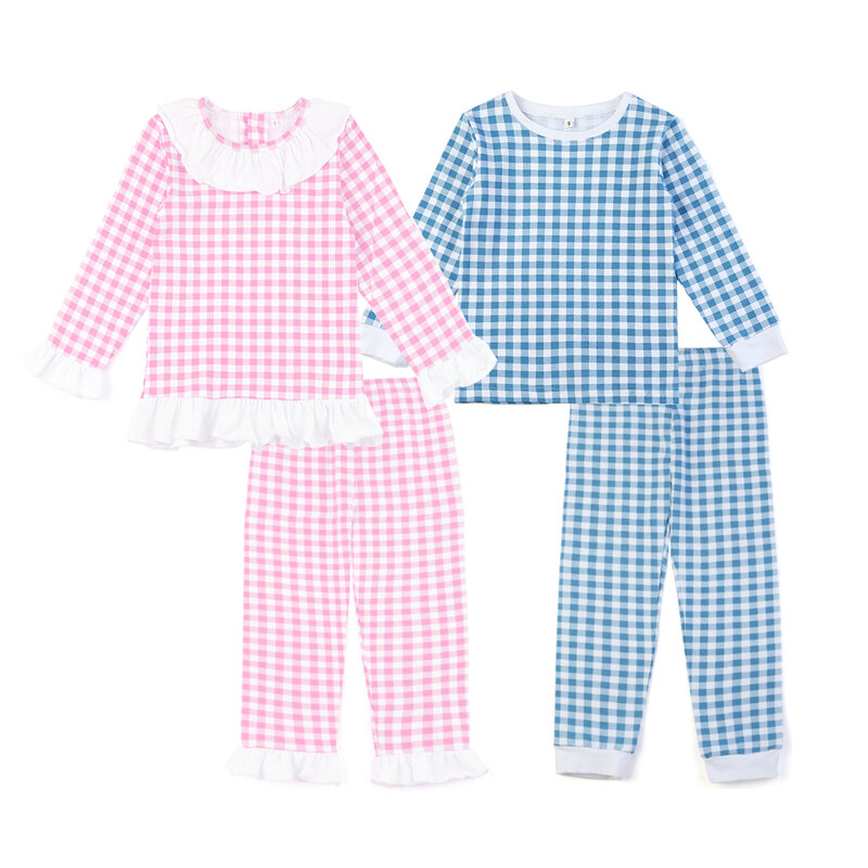 Miễn Phí Vận Chuyển Trẻ Em Pyjamas Bông Kẻ Phục Sinh Quần Áo Phù Hợp Với Bộ Đồ Ngủ Frill Pjs Bé Gái Đồ Ngủ