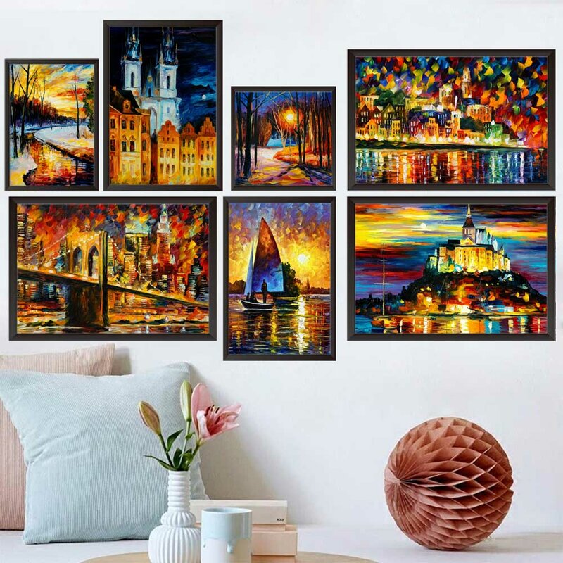 Landscape oil painting lovers after rain night scene art canvas painting living room corridor office home decoration mural