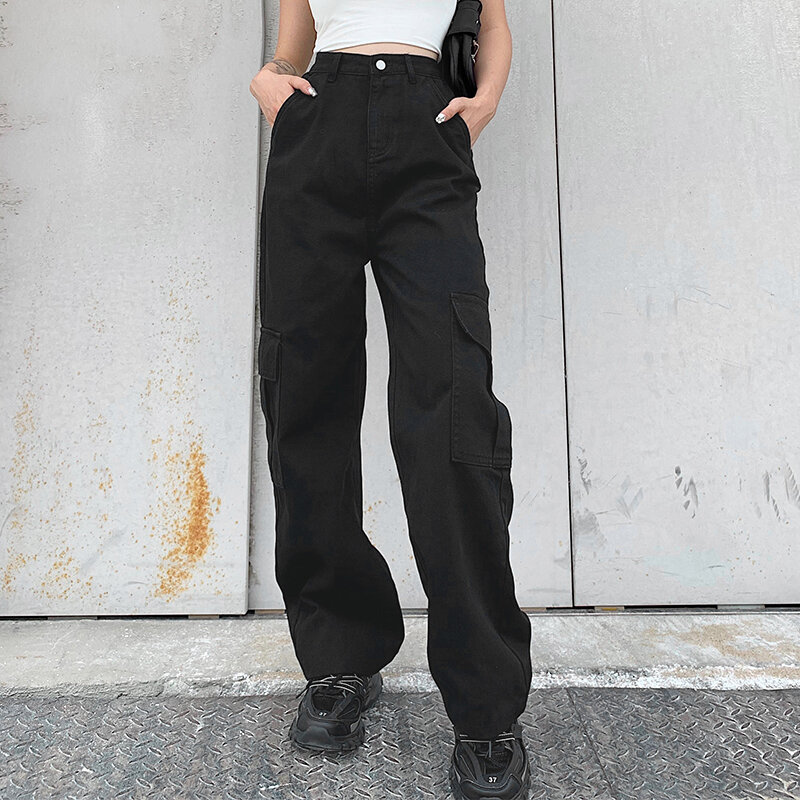 DIFIUPAI damskie jeansy duże kieszenie proste workowate spodnie jeansowe wysokiej talii szerokie nogawki Femme spodnie dorywczo luźne spodnie Cargo długie