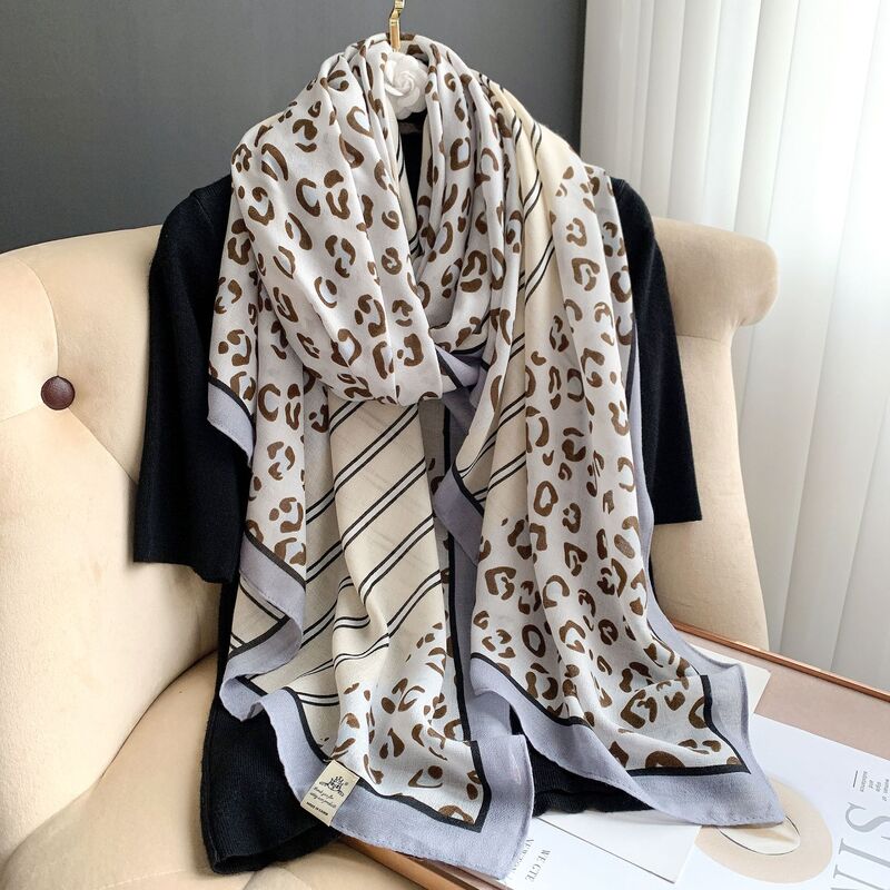 Female 90*180cm Leopard Print Scarf Women Cotton Linen Scarfs Summer Beach Long Shawl Wraps Elegant Lady Soft Pashminas Bandanna