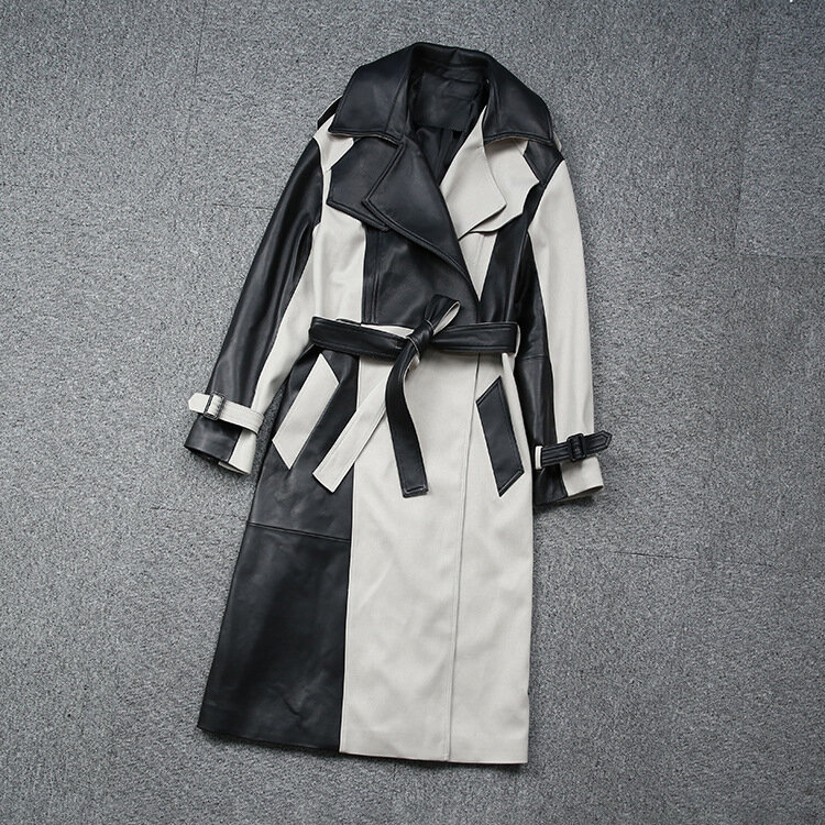 Factory New Arrival Women Black and White Splicing Long Casual Genuine Leather Windbreaker With Belt