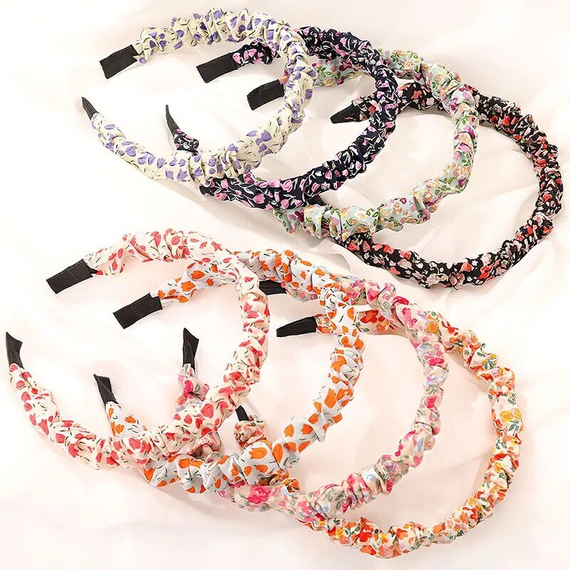 Floral Printing Chiffon Headband Pastoral Style Casual Flower Super Fairy Folds Pleated Girls Hair Hoop Lady Hair Accessories