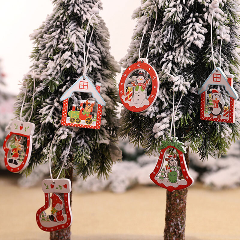 Navidad 2021 12Pcs Weihnachten Schneeflocken Holz Anhänger Weihnachten Baum Ornamente Hause Hängen Dekor Weihnachten Dekorationen für Haus