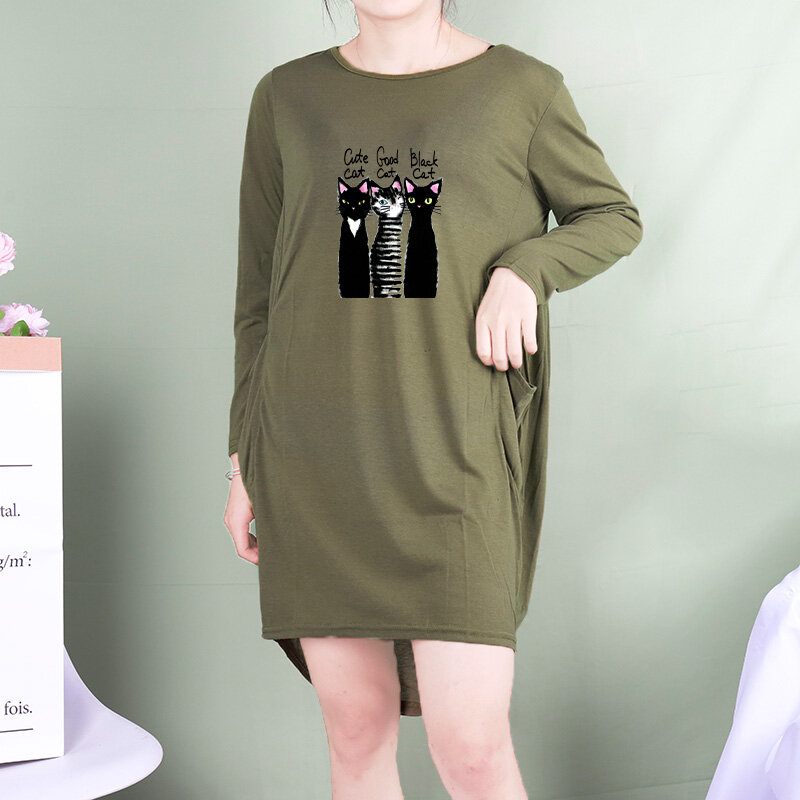 드레스 여성 만화 고양이 프린트 포켓 루스 드레스 빈티지 가을 미디 의류 파티 캐주얼 임신 한 여자 플러스 사이즈 드레스