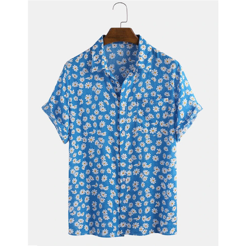 Camisas hawaianas para hombres, cárdigan de playa de algodón y lino, ropa informal para vacaciones, Tops de manga corta estampados, patrón de crisantemo