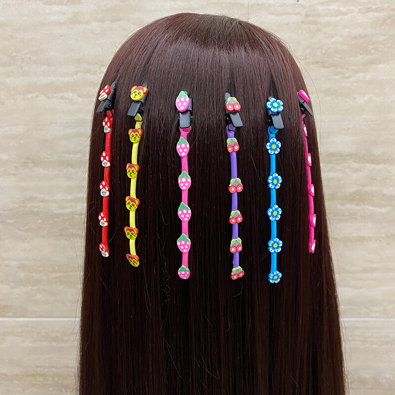 6PCS 헤어 액세서리 머리 장식 폴리머 클레이 크라운 과일 꽃 만화 다채로운 braiding 코드 머리 컬링 도구