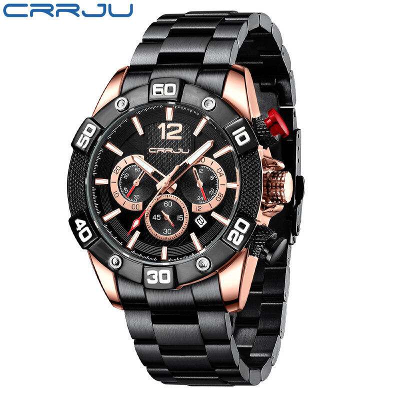 Crrju relógios masculinos à prova dwaterproof água relogio masculino quartzo pulseira de aço inoxidável relógios de pulso de luxo para o sexo masculino com luminoso