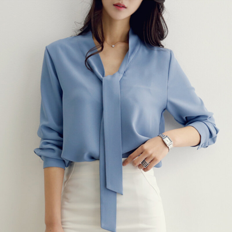 Casual branco azul chiffon ol blusa camisa topo blusas mujer de moda 2021 blusa de manga longa feminina blusa feminina a137
