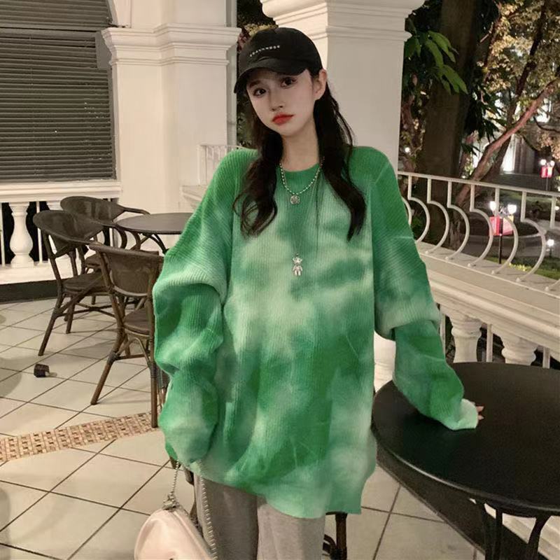 Tie Dyed Knitted Pullover Sweater Women's 2021 New Winter Loose Medium Length Sweater Street Casual Fashion Top Women's Wear