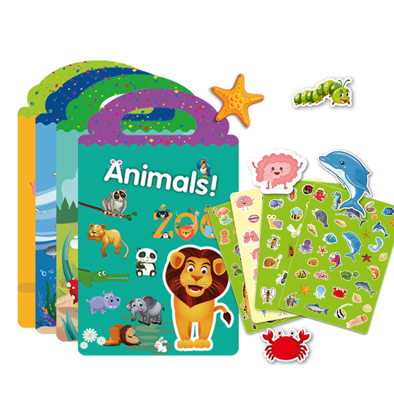 Adesivi per bambini libro adesivi riutilizzabili impermeabili a colori Paperback Puzzle fai-da-te spazio oceano animali adesivo per bambini