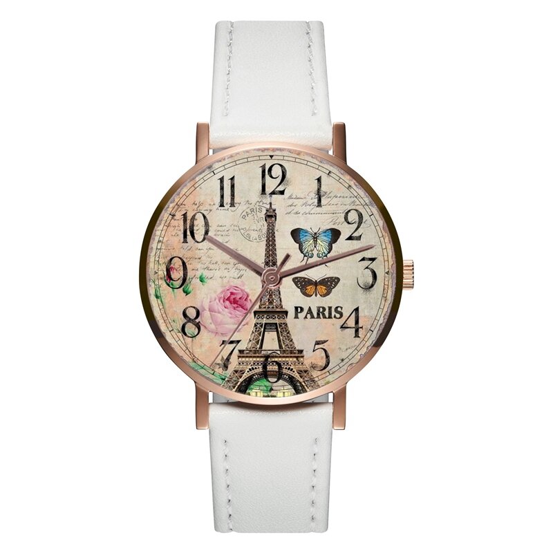Różowe złoto francuski wieża zegarek moda Casual skórzany damski zegarek kwarcowy