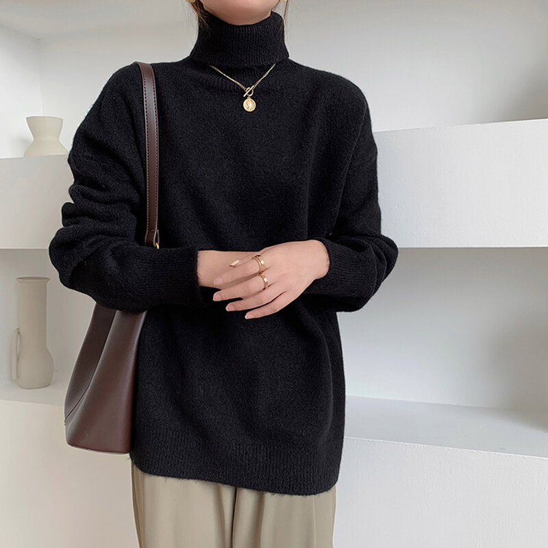 女性のためのタートルネックのファッショナブルなニットセーター,韓国のファッション,ゆったりとしたフィット感,柔らかく薄いセーター