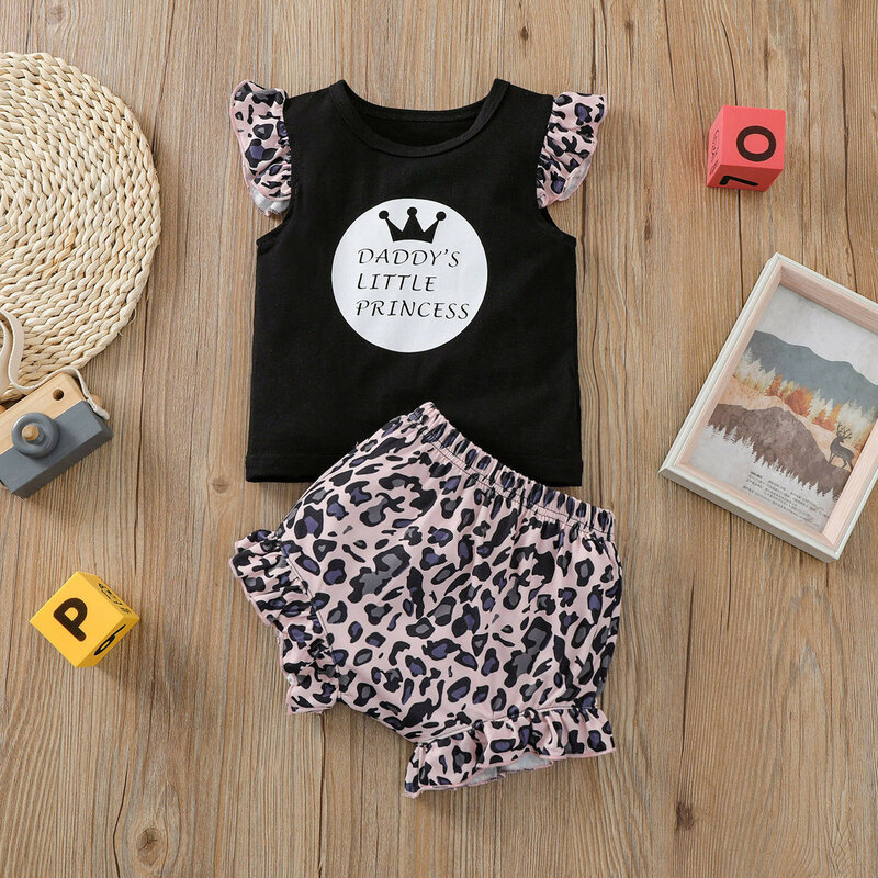 Ropa de verano para bebés, Tops de manga corta con estampado de letras y pantalones cortos de leopardo, conjunto de ropa para niños bebés, E1