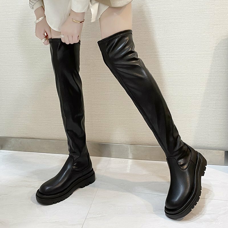 Botas altas ajustadas por encima de la rodilla para mujer, zapatos con plataforma y suela gruesa, color negro, invierno, 2020