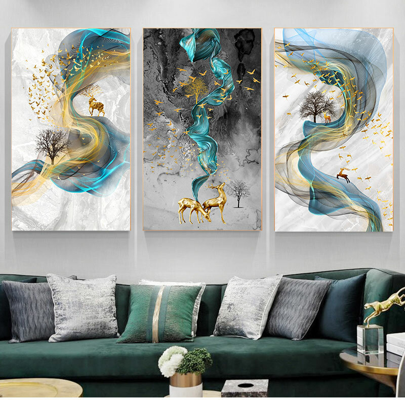 Tableaux de peinture de cerf doré, grande taille, imprimé bleu, or, mur d'art, salon moderne, toile d'art abstraite