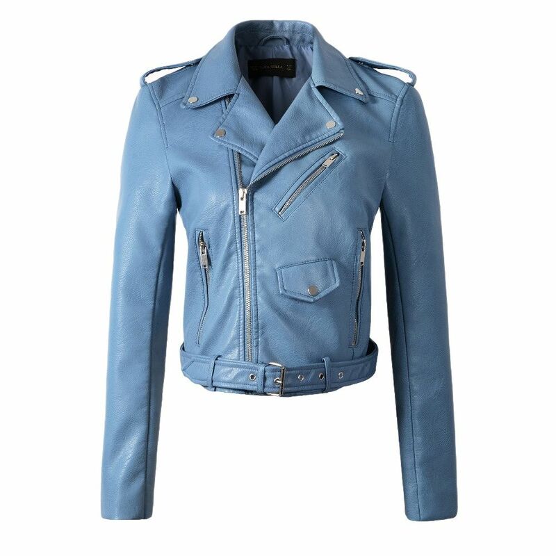 女性のための偽の革のジャケット,新しい春のファッション,黒と青,ジッパー,ポケット,オートバイのアウターコートベルト,2021
