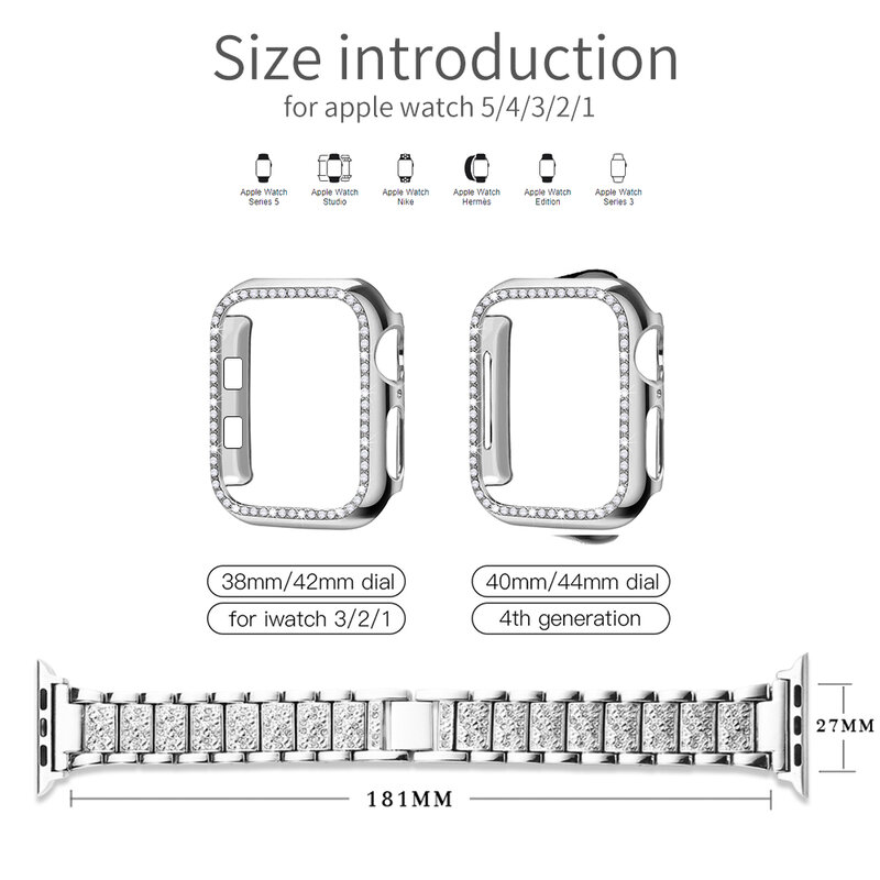 Band + Case Metal Strap For Apple Watch  Series 5 Strap 40mm 44mm Diamond Ring 38mm 42mm Stainless Steel Bracelet iwatch 4/3/2/1