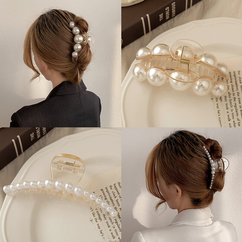 Pinzas acrílicas con perlas grandes para el pelo para mujer, pasadores elegantes de gran tamaño, maquillaje, estilo de pelo, accesorios para el cabello