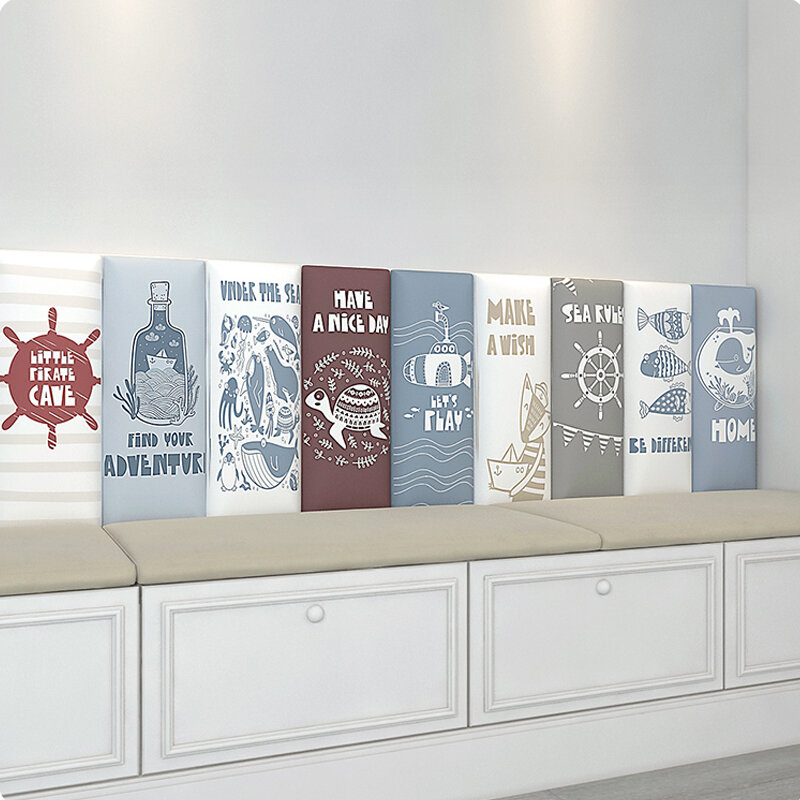 Stiker Dinding 3D Anti-tabrakan Dekorasi Headboard Kasur Pola Morandi Bulan Biru Dekorasi Latar Belakang Kamar Anak-anak Tatami Empuk