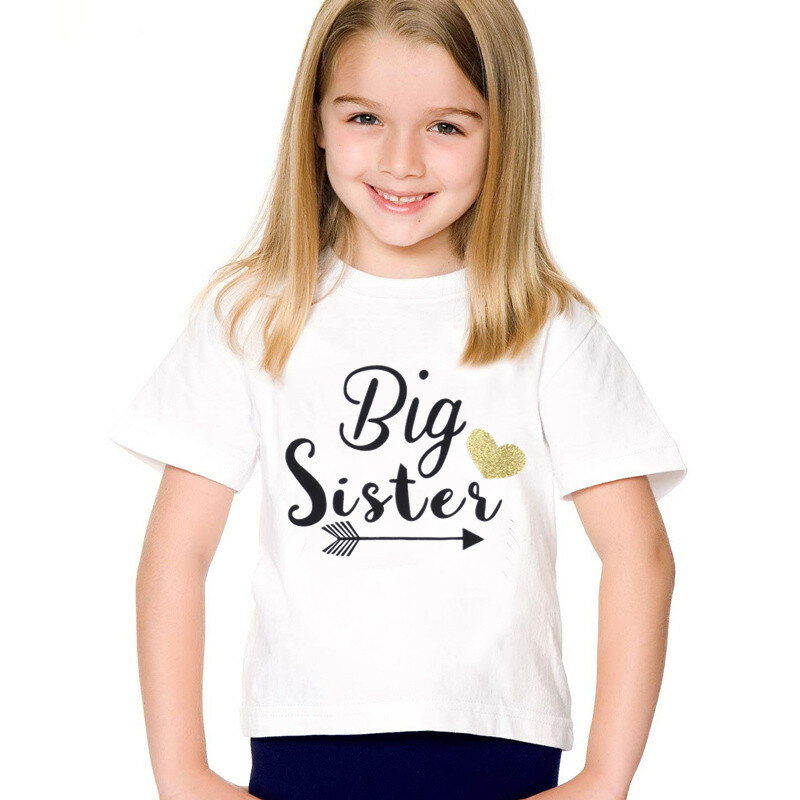 Odzież dziecięca modny nadruk Big Sister t-shirt z literami dla dzieci białe koszulki z krótkim rękawem Casual topy ubranka dla dzieci dla chłopców/dziewcząt