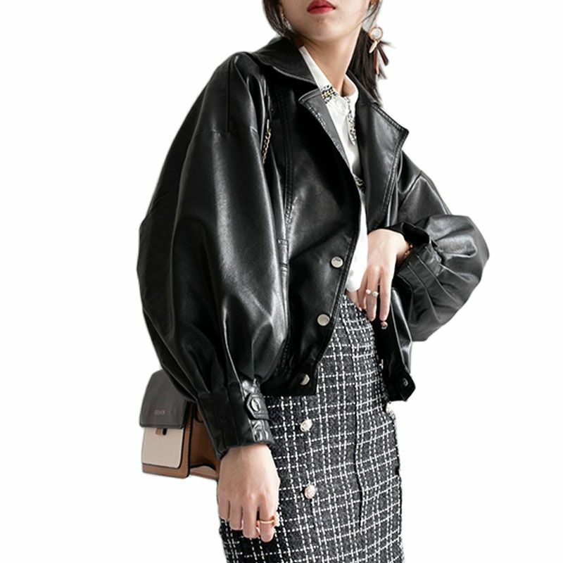 Jaket Kulit Buatan Wanita Musim Gugur Mantel Biker Punk Motor Pu Lembut Longgar Mode untuk Pakaian Luar Wanita