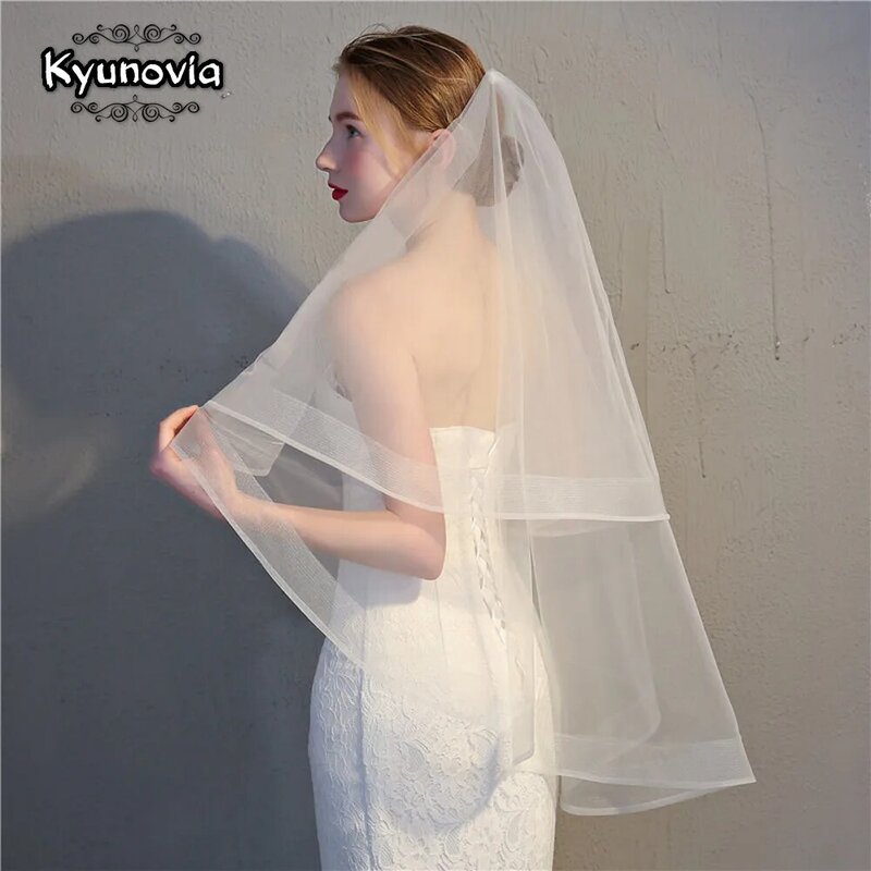 Kyunovia – voile de mariée blanc Champagne, deux couches, bord ruban, Simple, court, avec peigne, pour femmes, D18