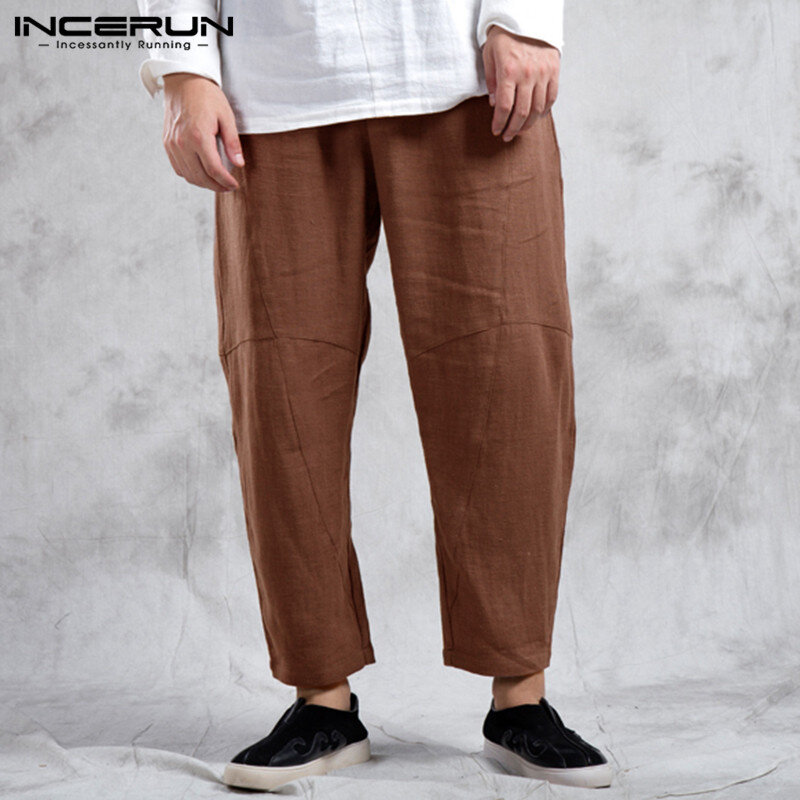 INCERUN – pantalon Vintage à taille élastique pour homme, Streetwear, décontracté, couleur unie, Baggy, ample et respirant, en coton