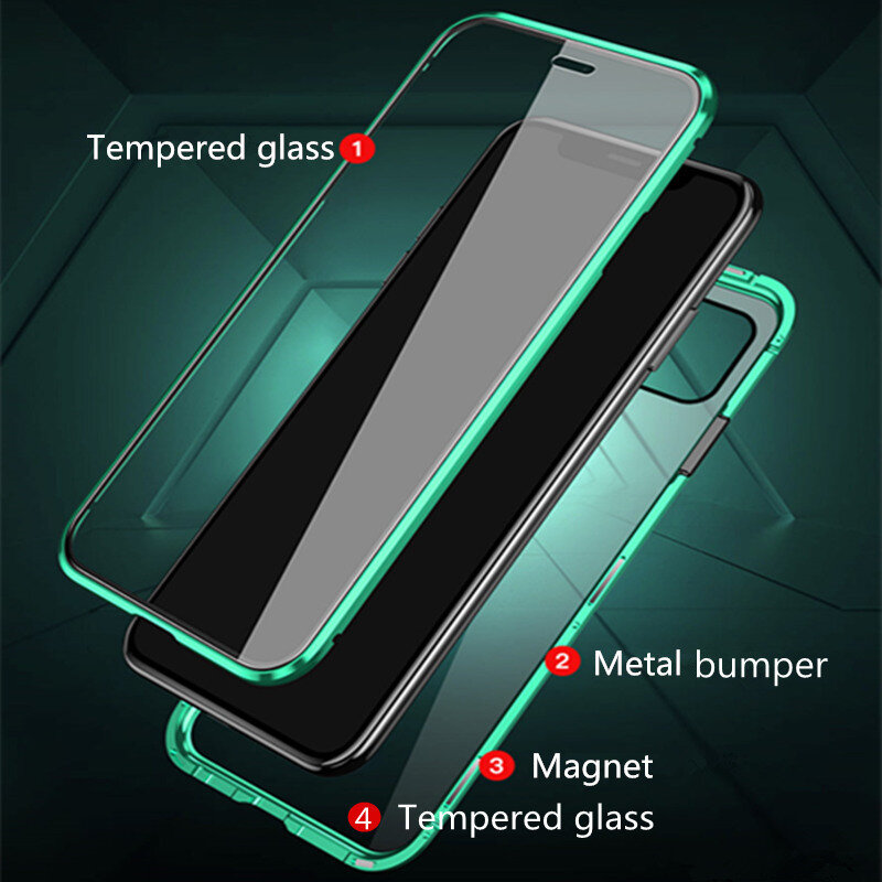 Metalen Magnetische Adsorptie Flip Case Voor Iphone 14 13 12 11 Pro Xs Max Xr 8 7 Plus Transparante Dubbele zijdig Glas Magneet Case