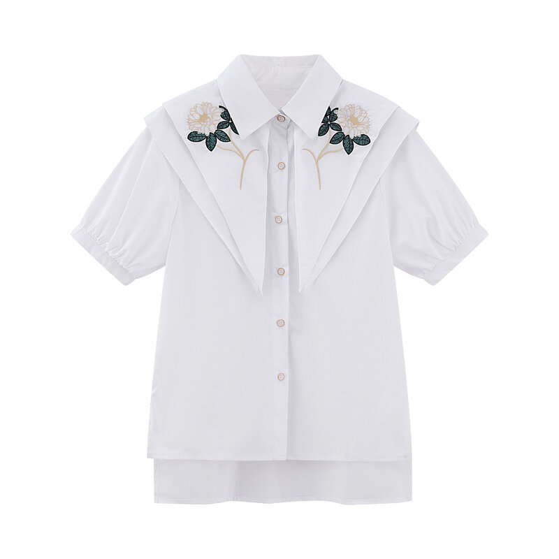 Bestickt Blume Peter Pan Kragen Kurzarm Shirt für Frauen 2021 Sommer Kleidung Neue Lose Weiß Top Blusa Mujer