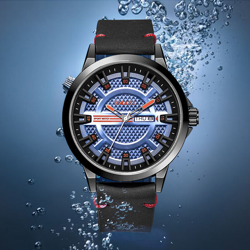 Smael marca superior homem relógio de moda pulseira de couro relógios masculinos à prova dwaterproof água liga quartzo relógio de pulso calendário esportes masculino