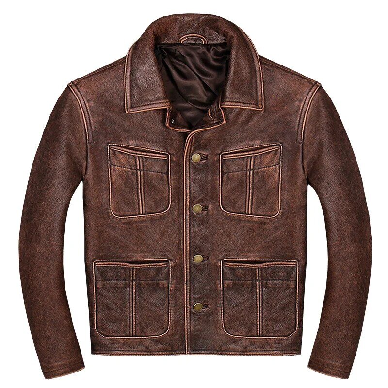 Повседневная локомотивная кожаная куртка с лацканами, мужская коричневая винтажная кожаная куртка из воловьей кожи, мотоциклетная одежда, ...
