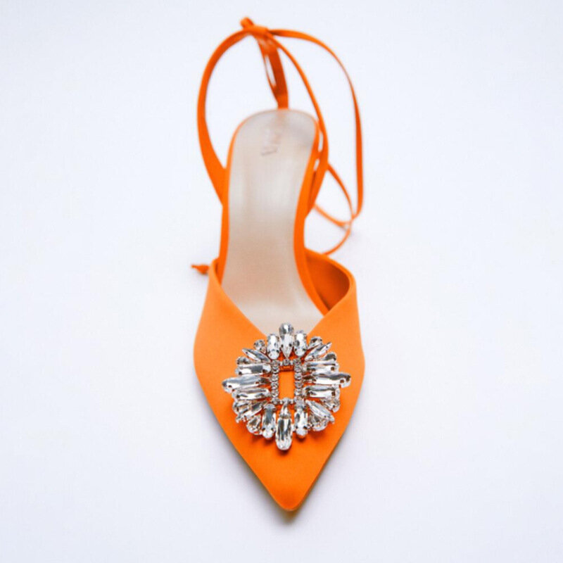 ZA خريف جديد أحذية نسائية البرتقال الدانتيل متابعة slingback عالية الكعب أشار تو مولر أحذية خنجر حذا فردي للسيدات