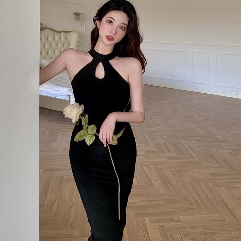 Jednoczęściowy damski strój letni nowy Vintage seksowny Backless bez rękawów długi strój koreański elegancki podział wąska talia damska sukienka Party
