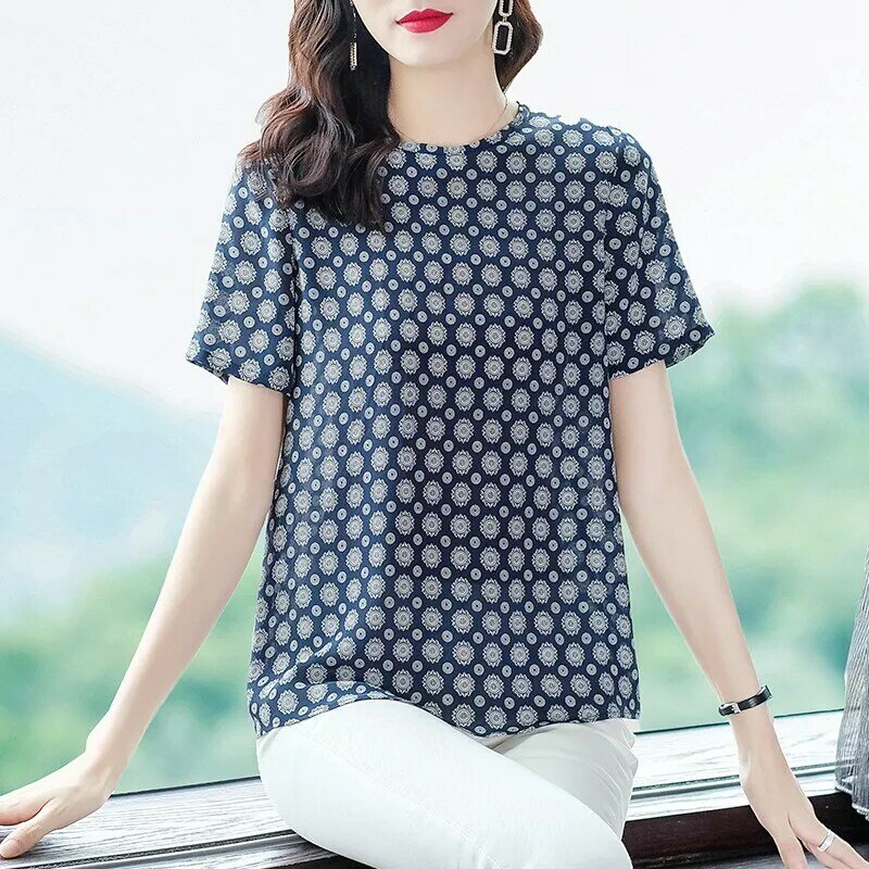 Yg Brand Women's 2021 Spring And Summer New Short Sleeve Top Printed Silk Round Neck Comfortable Loose T-shirt For Women