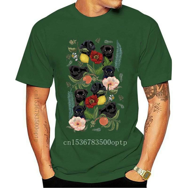 Camiseta con estampado de perros y gatos para mujer, remera con estampado de Pugs negros y botánicos coloridos, Tops informales, camisetas geniales para mujer