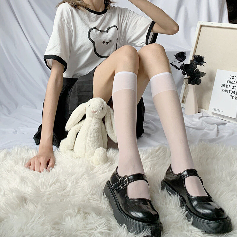 Kobiety seksowny nadruk pończochy skarpety do kolan lato cienkie miękkie elastyczne dziewczyny Lolita śliczne moda długie skarpetki na nogi JK czarno-białe